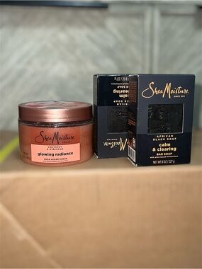 Shea Moisture pink  coconut hisbiscus sugar scrub and black bar soap set